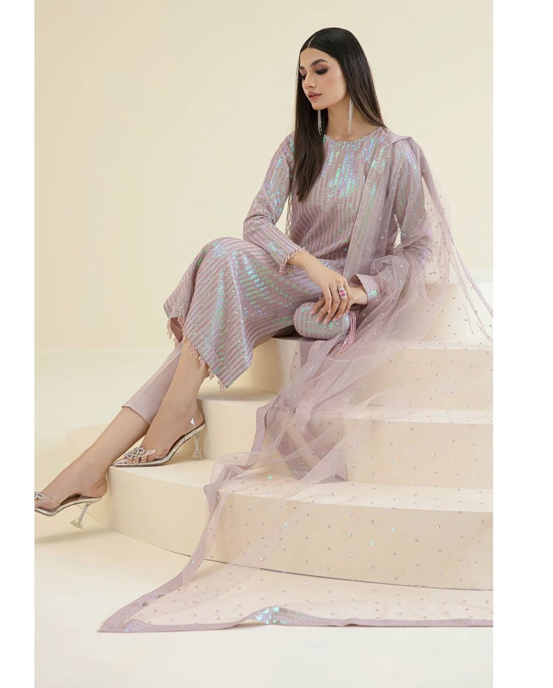 "Luxury Party Wear Collection: Heavy Sequins Embroidery 3-Piece Suit with Net Fabric and Silk Trouser"