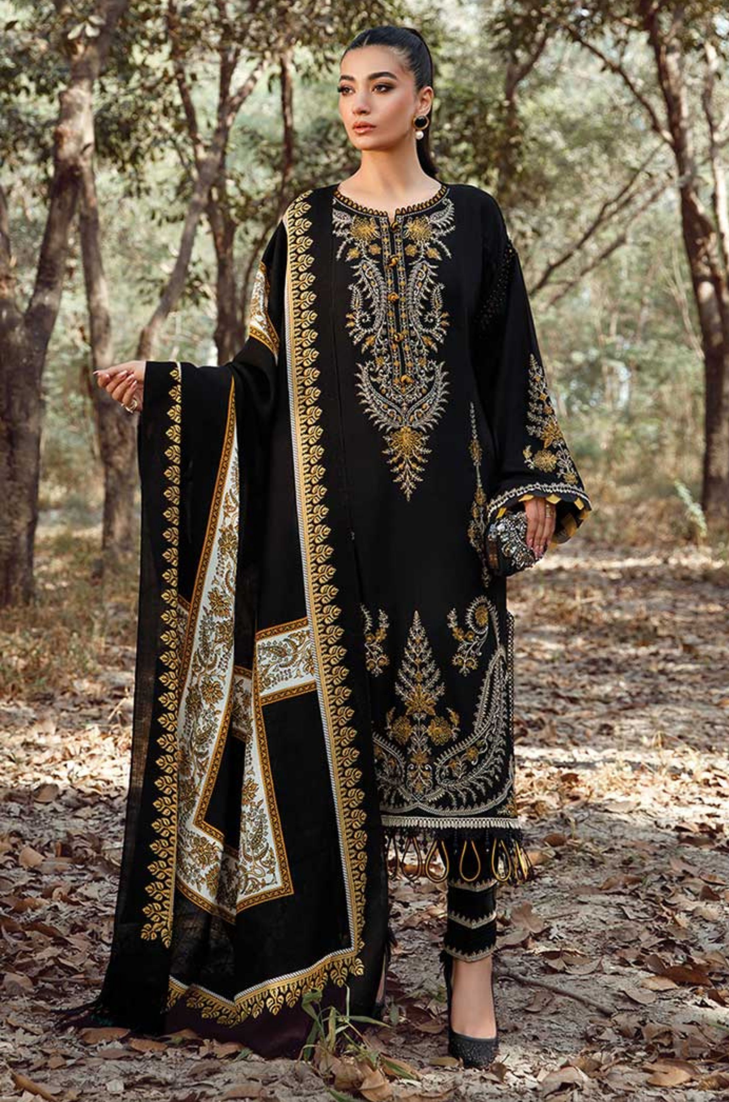 MARIA B - 3PC KHADDAR EMBROIDERED SHIRT WITH PASHMINA WOOL PRINTED SHAWL AND TROUSER - HZG1329