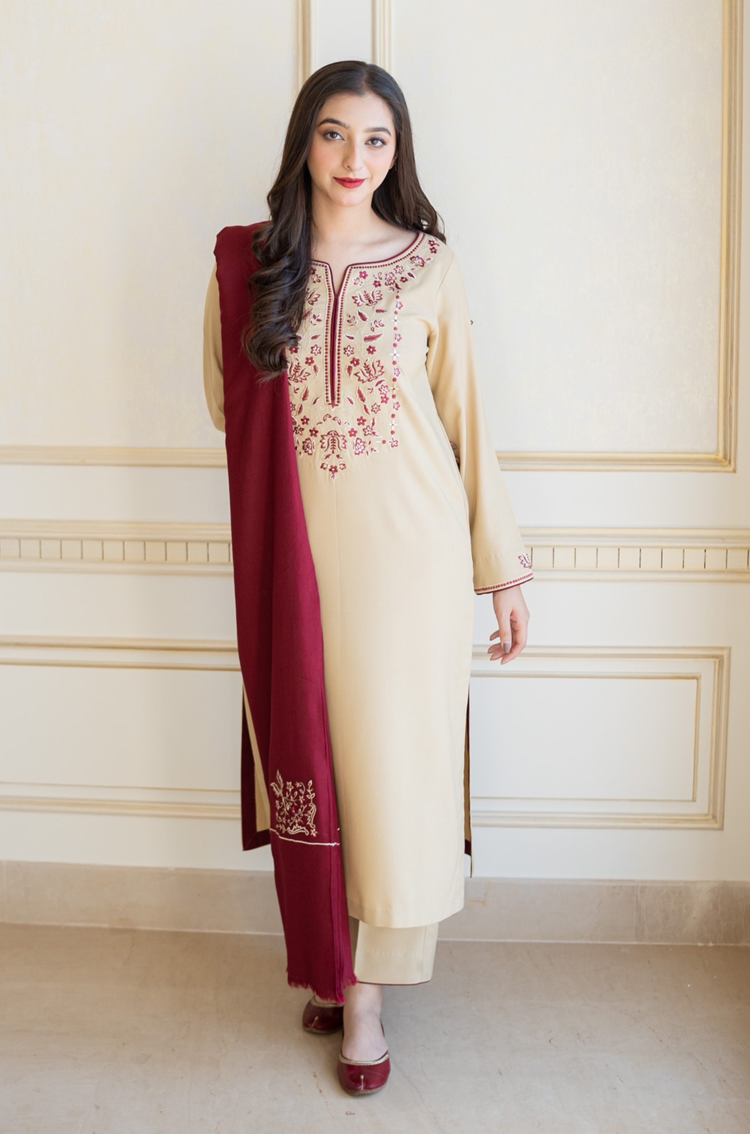 AISLING - 3PC DHANAK EMBROIDERED SHIRT WITH EMBROIDERED SLUB SHAWL AND TROUSER - HZG1363