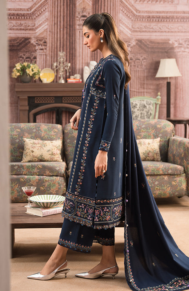 SERAN - 3PC DHANAK EMBROIDERED SHIRT WITH DHANAK EMBROIDERED SHAWL AND TROUSER - HZG1405