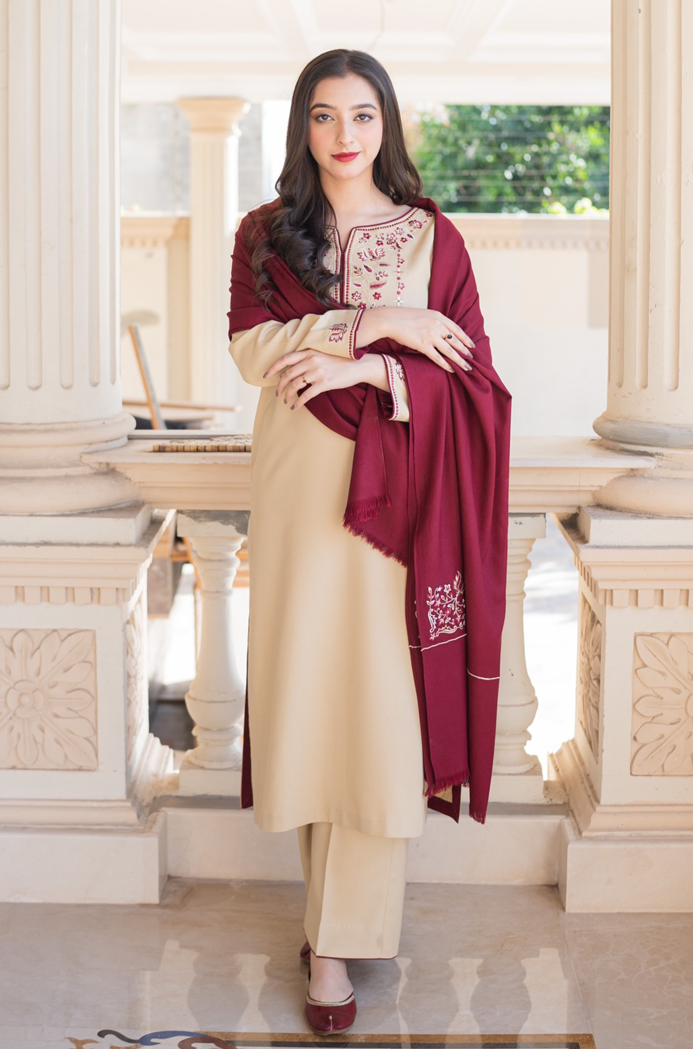 AISLING - 3PC DHANAK EMBROIDERED SHIRT WITH EMBROIDERED SLUB SHAWL AND TROUSER - HZG1363