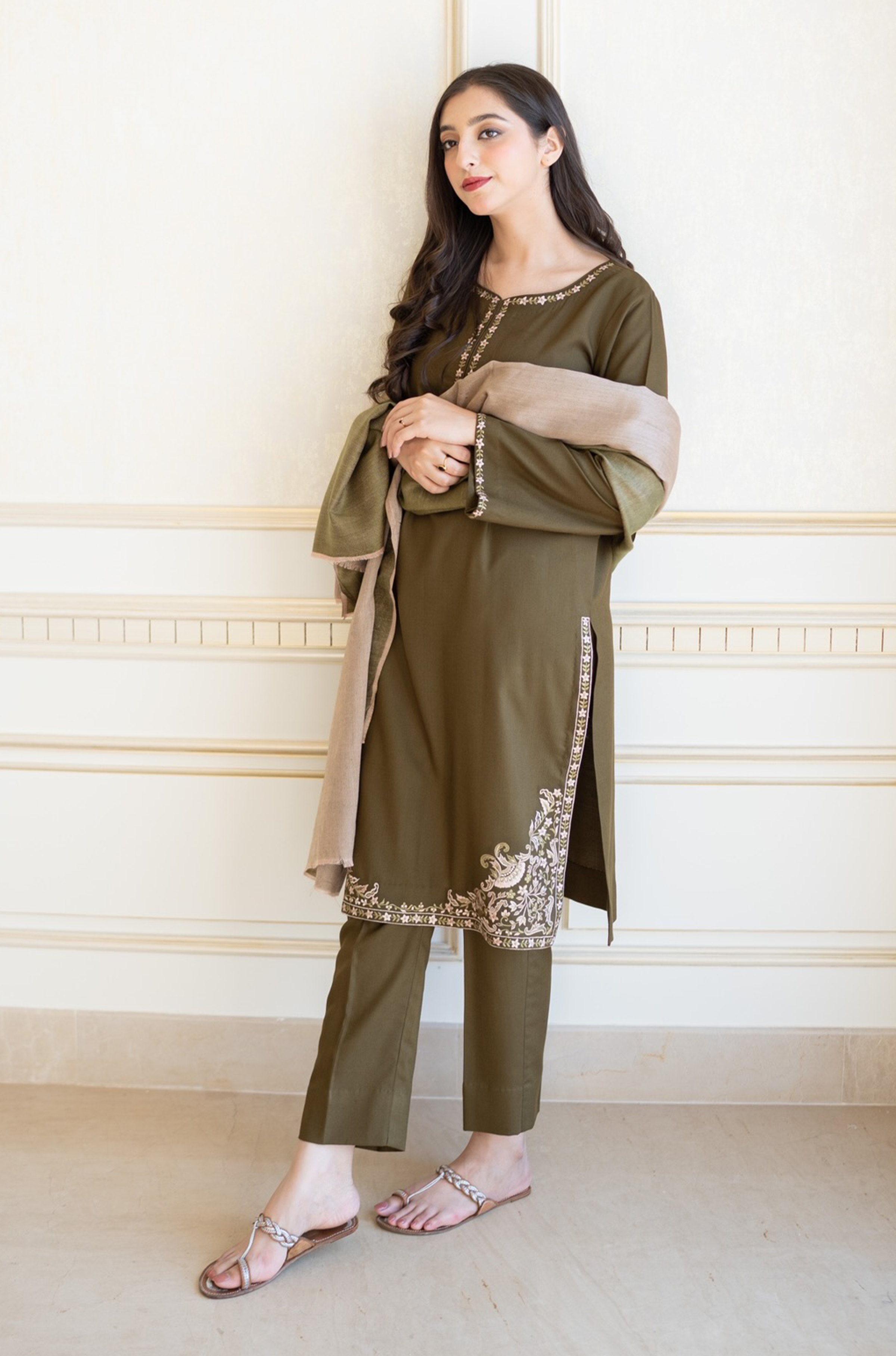 AISLING - 3PC DHANAK EMBROIDERED SHIRT WITH SLUB SHAWL AND TROUSER - HZG1362