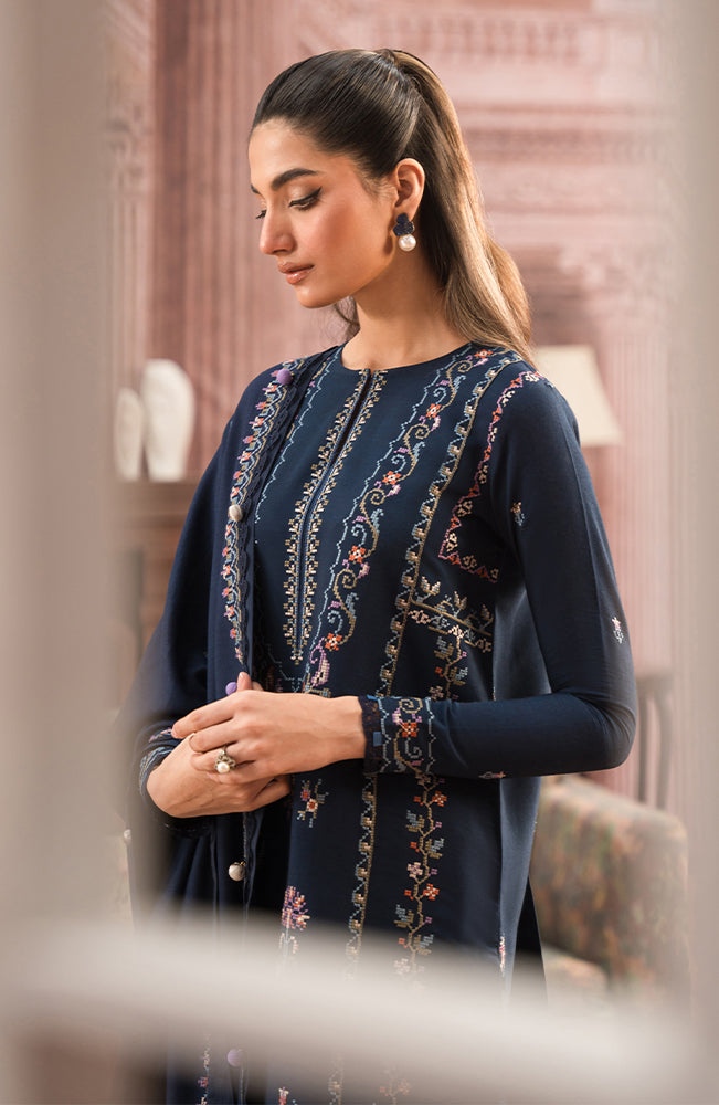 SERAN - 3PC DHANAK EMBROIDERED SHIRT WITH DHANAK EMBROIDERED SHAWL AND TROUSER - HZG1405