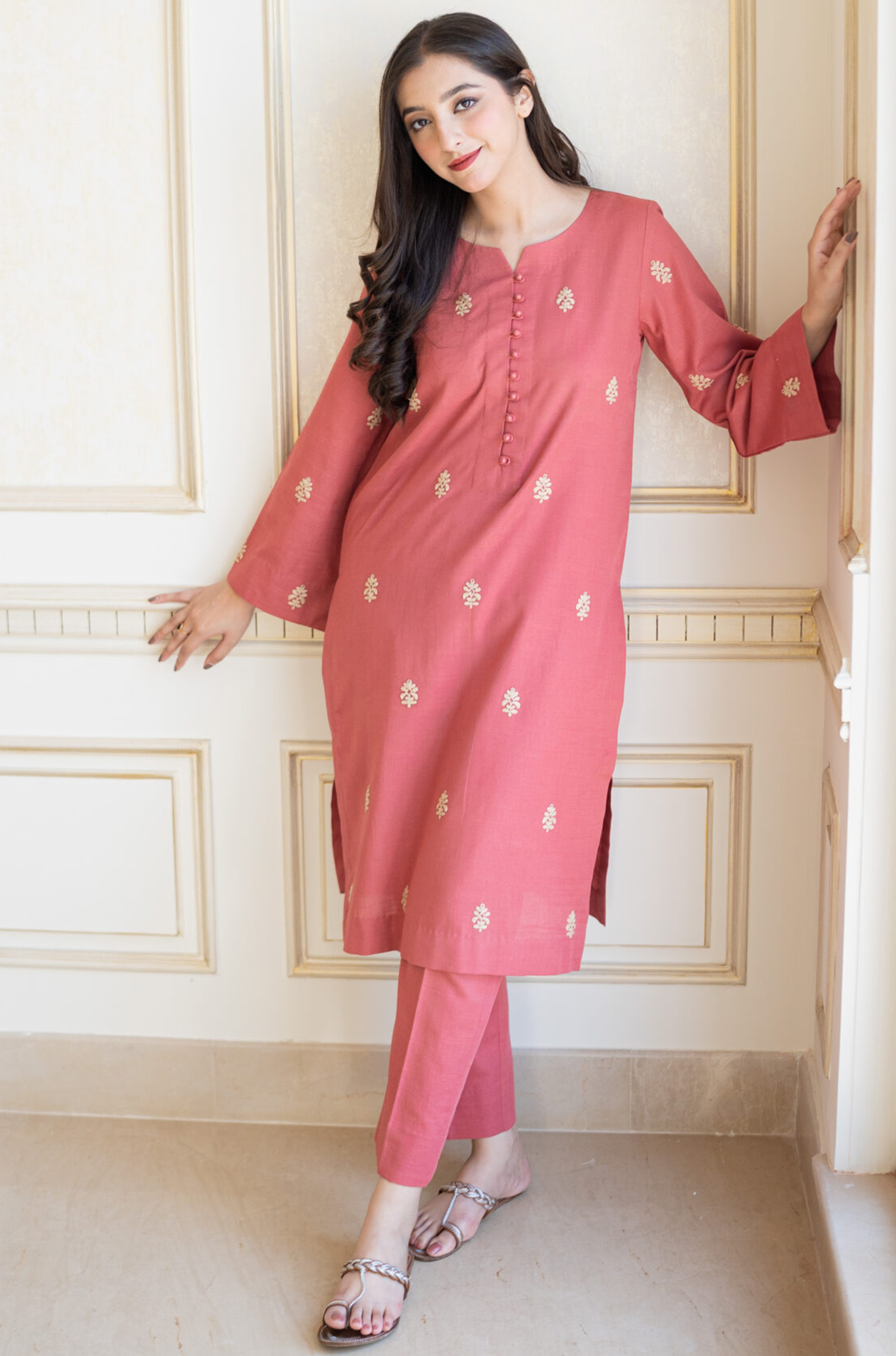 AISLING - 3PC DHANAK EMBROIDERED SHIRT WITH SLUB SHAWL AND TROUSER - HZG1364