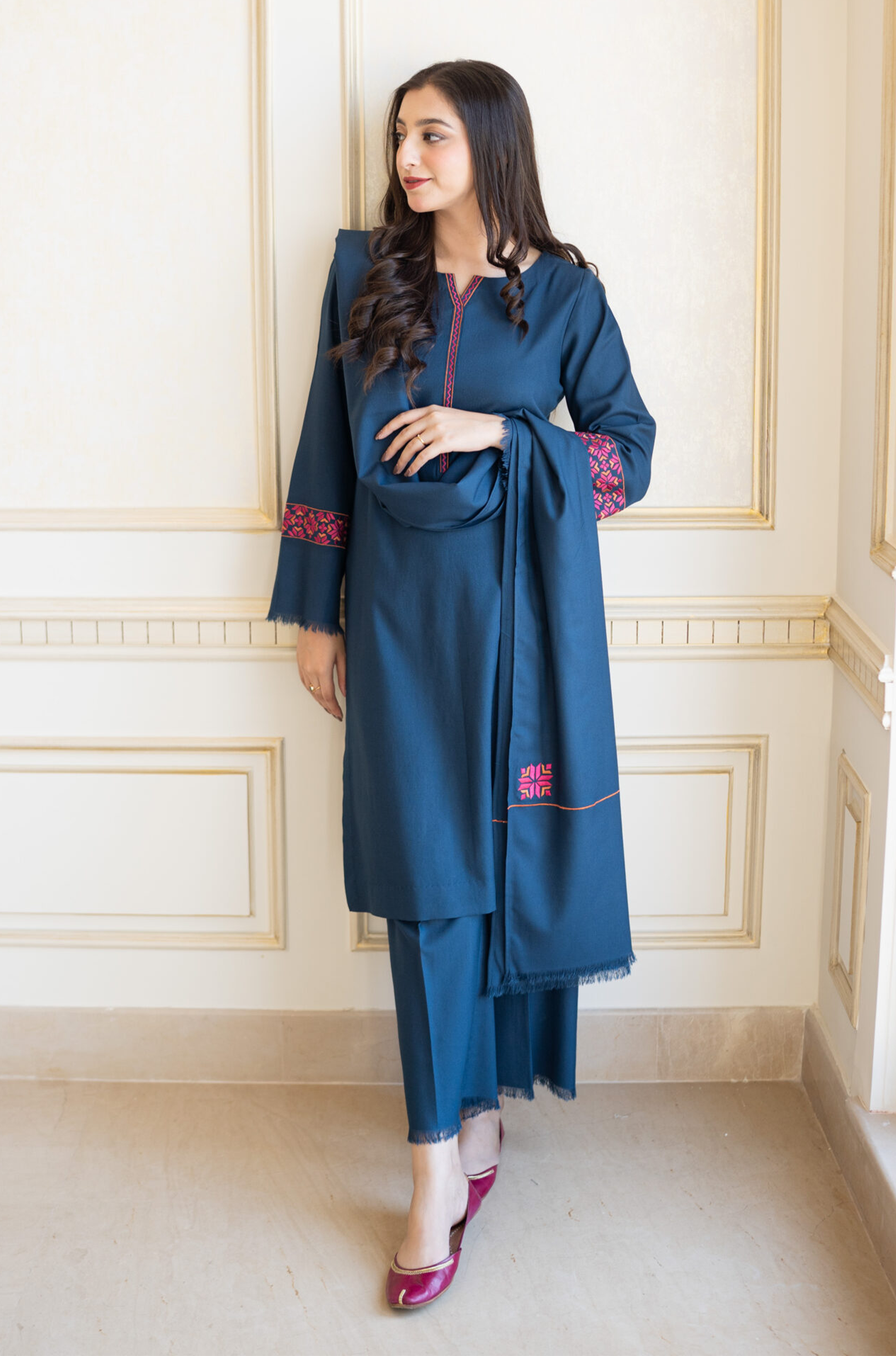 AISLING - 3PC DHANAK EMBROIDERED SHIRT WITH EMBROIDERED SHAWL AND TROUSER - HZG1365