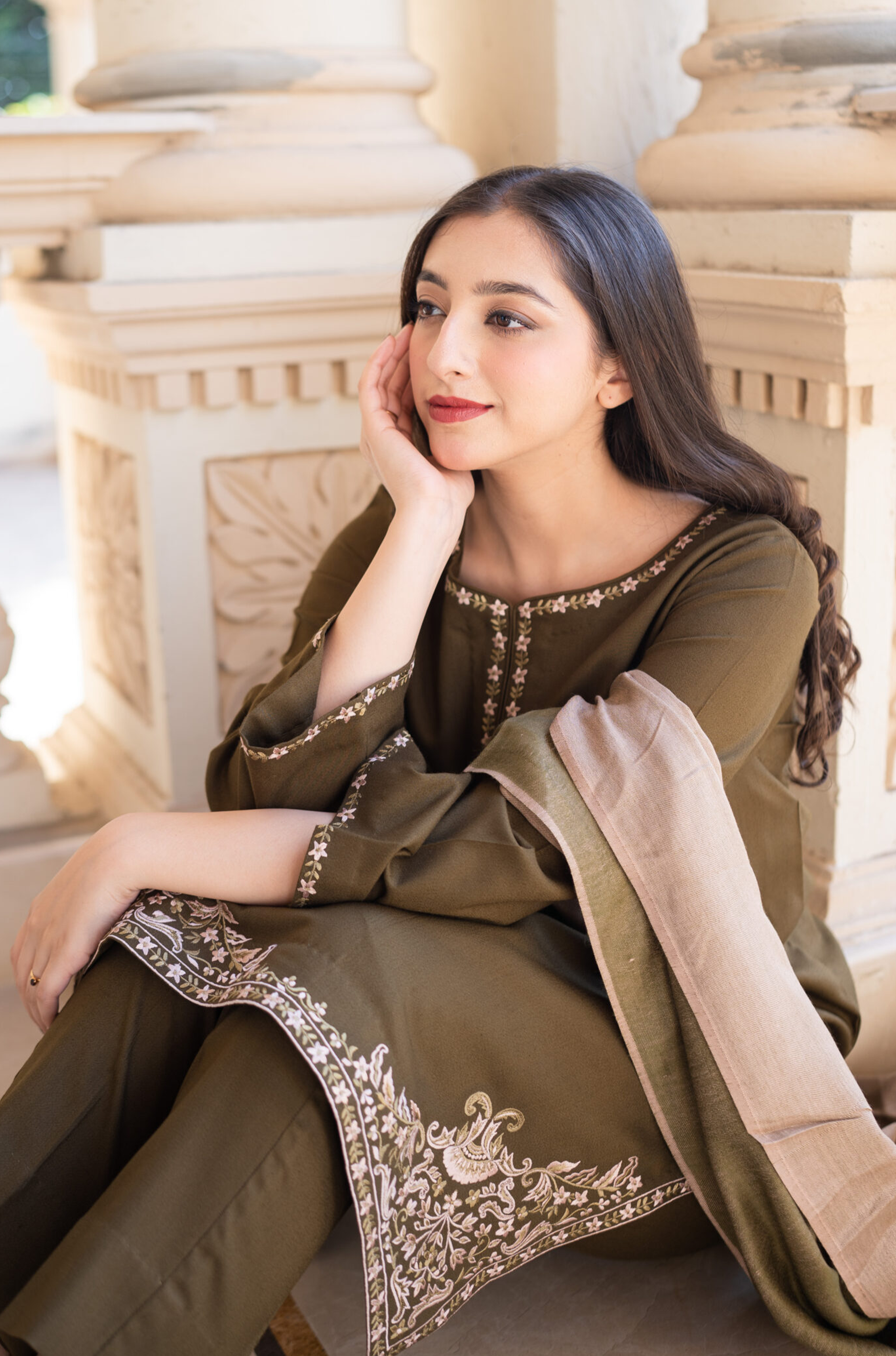 AISLING - 3PC DHANAK EMBROIDERED SHIRT WITH SLUB SHAWL AND TROUSER - HZG1362