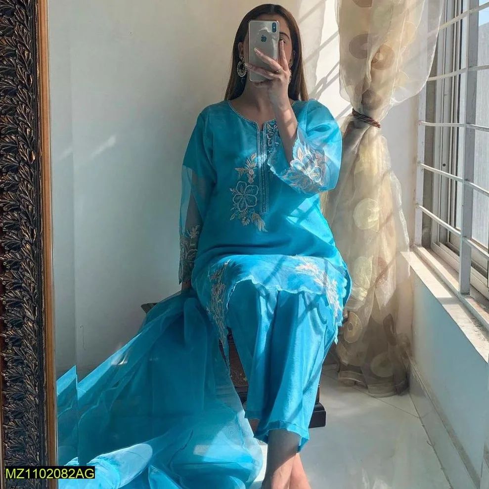 Aqua Lawn 3pc with Organza Dupatta Code: 5057-/AZ