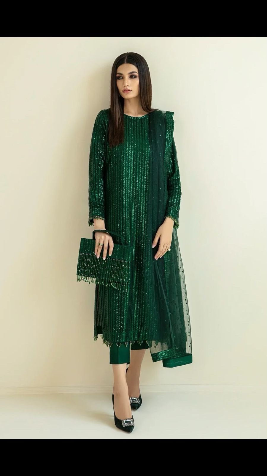 "Luxury Party Wear Collection: Heavy Sequins Embroidery 3-Piece Suit with Net Fabric and Silk Trouser"