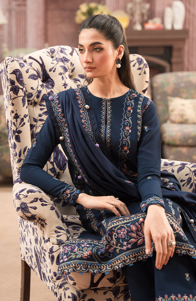 SERAN - 3PC DHANAK EMBROIDERED SHIRT WITH DHANAK EMBROIDERED SHAWL AND TROUSER - HZG1405