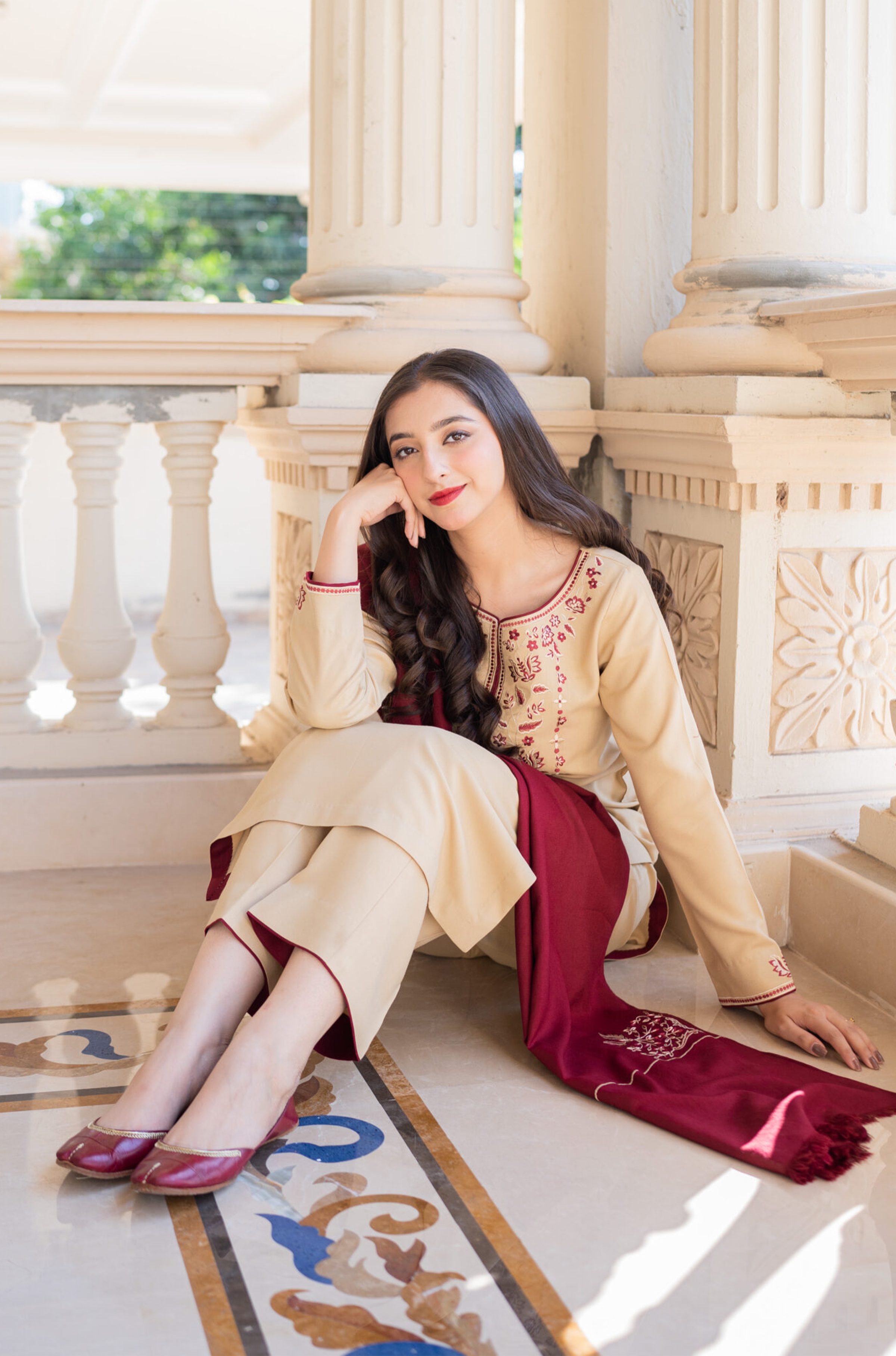 AISLING - 3PC DHANAK EMBROIDERED SHIRT WITH EMBROIDERED SLUB SHAWL AND TROUSER - HZG1363