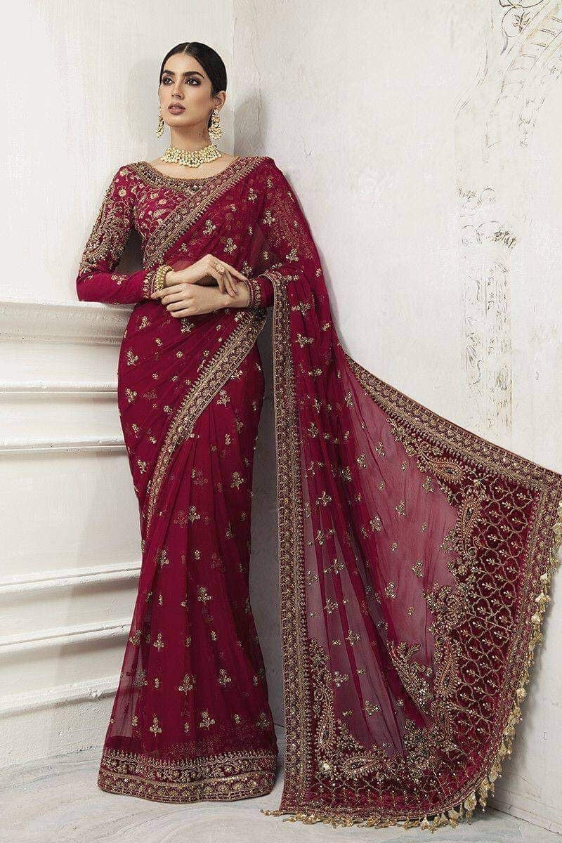 "Maria B 2024 Wedding Saree Collection: Master Copy with Elegant Heavy Embroidery and Stone Work"