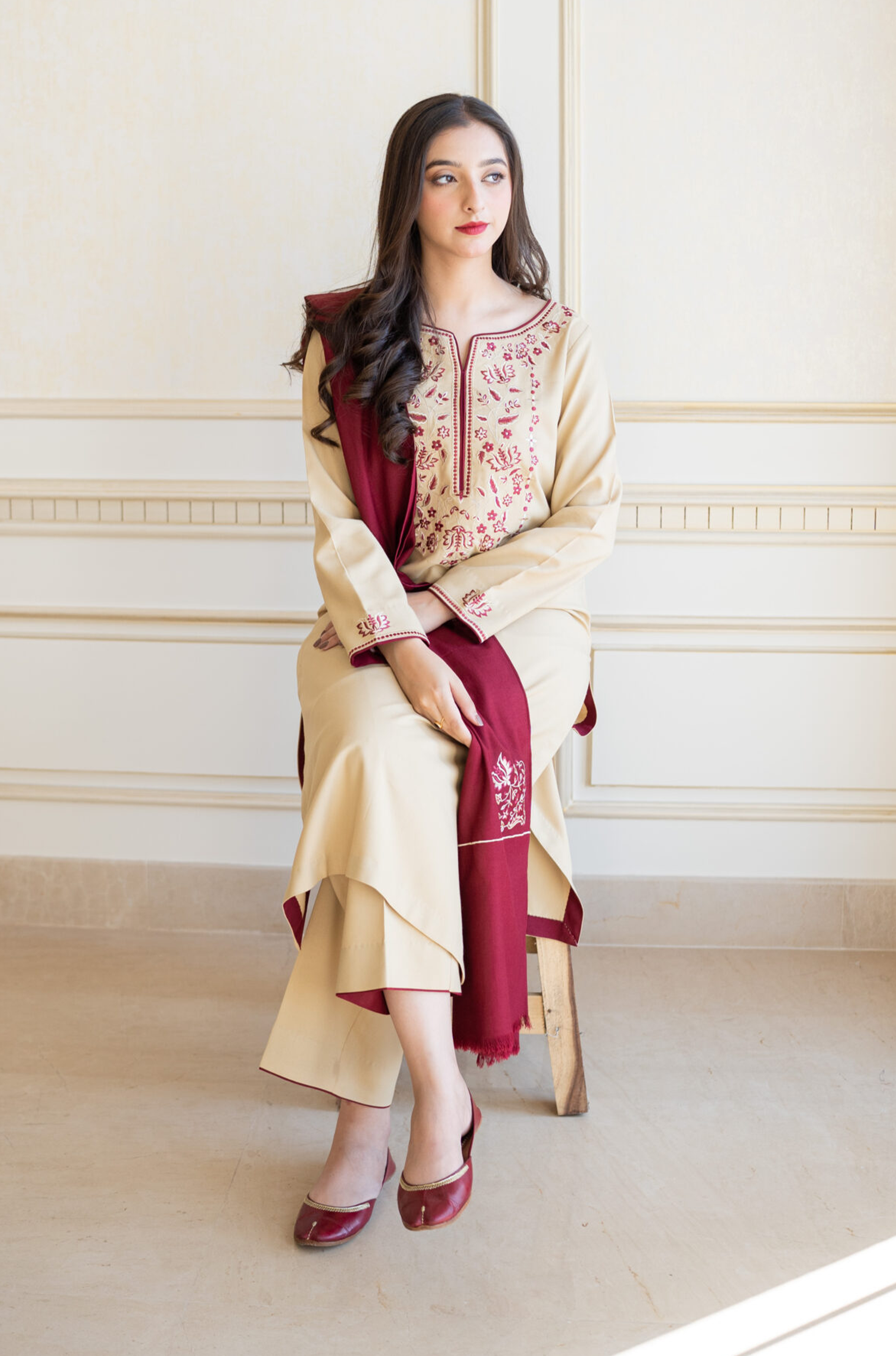 AISLING - 3PC DHANAK EMBROIDERED SHIRT WITH EMBROIDERED SLUB SHAWL AND TROUSER - HZG1363