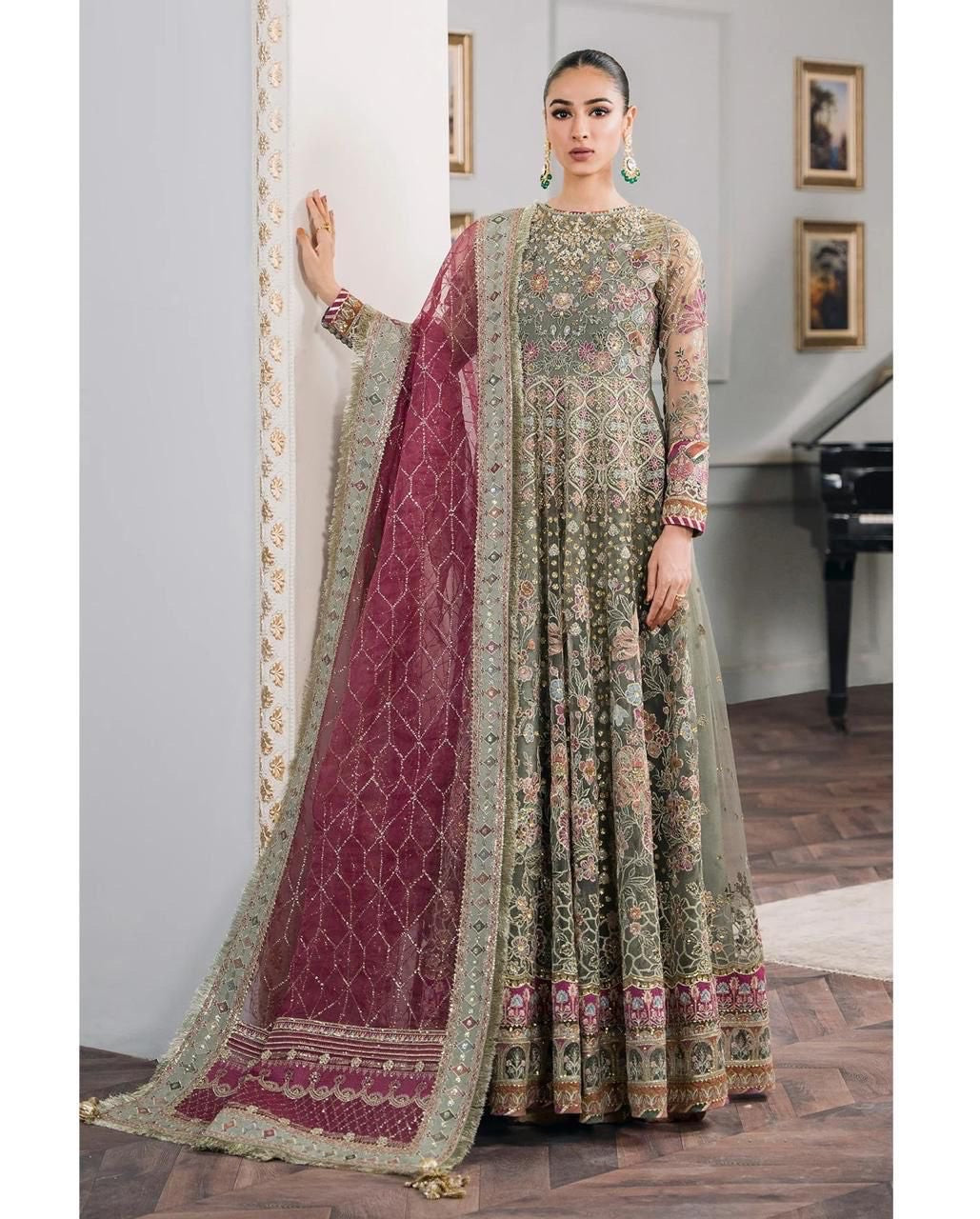 "Baroque C-258: Embroidered Sequins Net Suit with Organza Accents and Raw Silk Trouser"