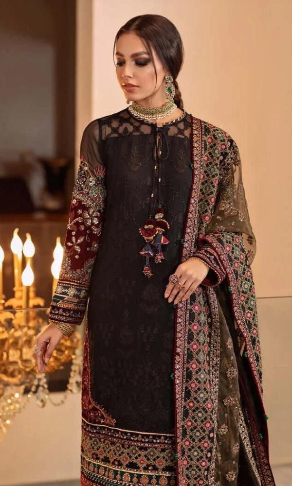 "Baroque 243 Luxury Wedding & Party Wear: Embroidered Chiffon Suit with Pearl Work and Raw Silk Trouser"