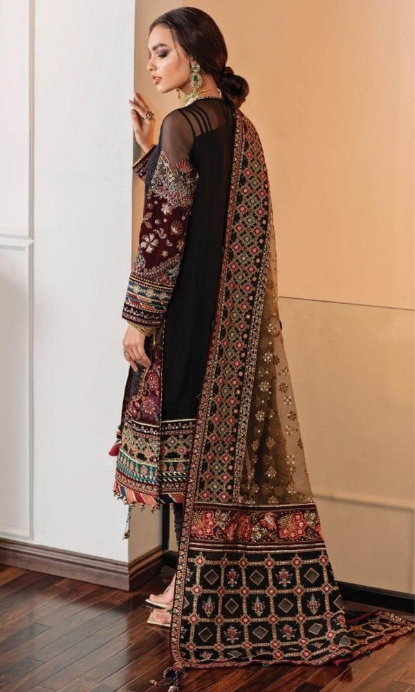 "Baroque 243 Luxury Wedding & Party Wear: Embroidered Chiffon Suit with Pearl Work and Raw Silk Trouser"