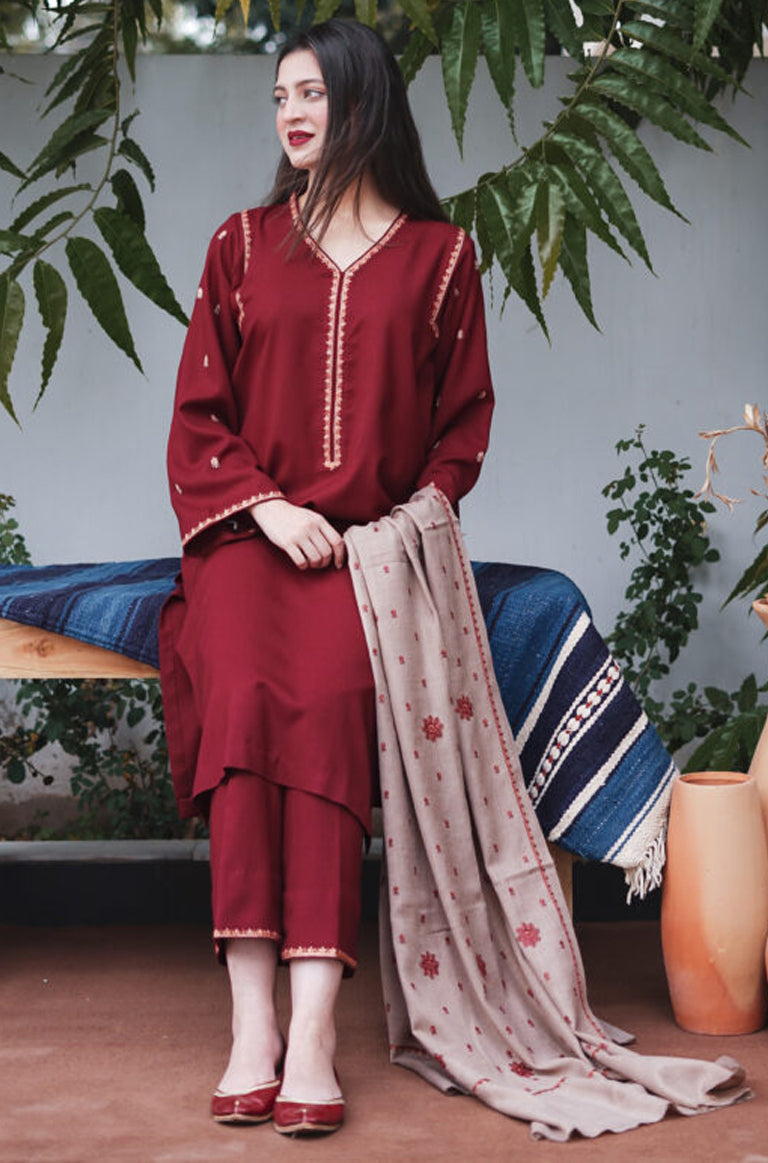 AISLING - 3PC DHANAK EMBROIDERED SHIRT WITH DHANAK EMBROIDERED DUAPATTA AND TROUSER- HZG1307