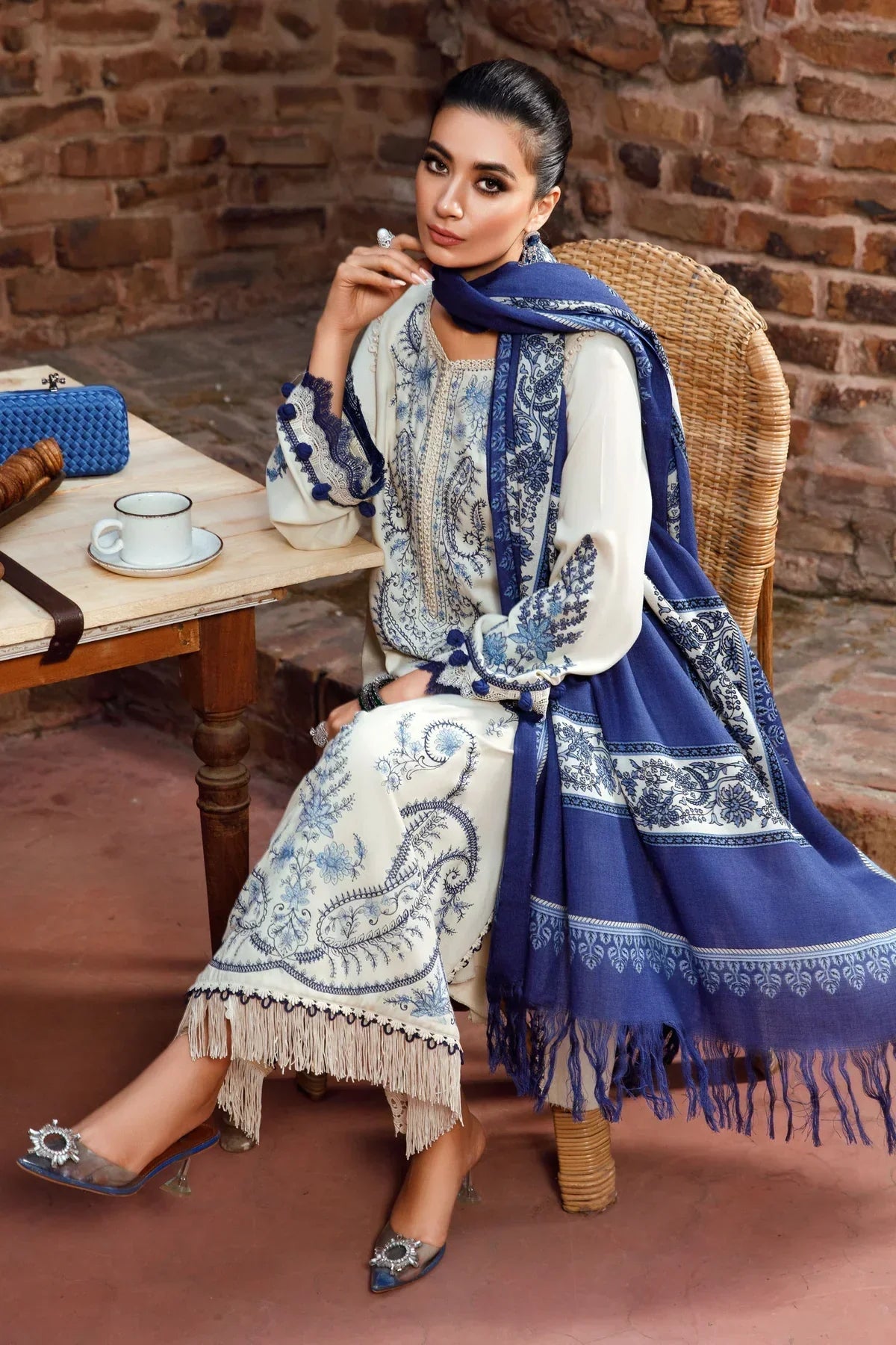 MARIA B - 3PC KHADDAR EMBROIDERED SHIRT WITH PASHMINA WOOL PRINTED SHAWL AND TROUSER - HZG1337