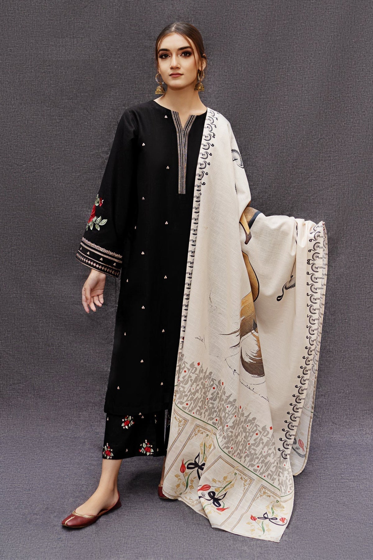 URGE - 3PC DHANAK EMBROIDERED SHIRT WITH PASHMINA WOOL PRINTED SHAWL AND TROUSER - HZG1461