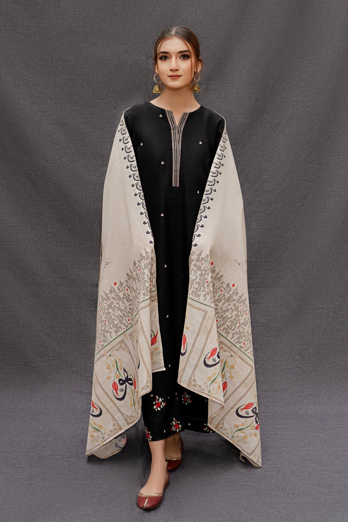 URGE - 3PC DHANAK EMBROIDERED SHIRT WITH PASHMINA WOOL PRINTED SHAWL AND TROUSER - HZG1461