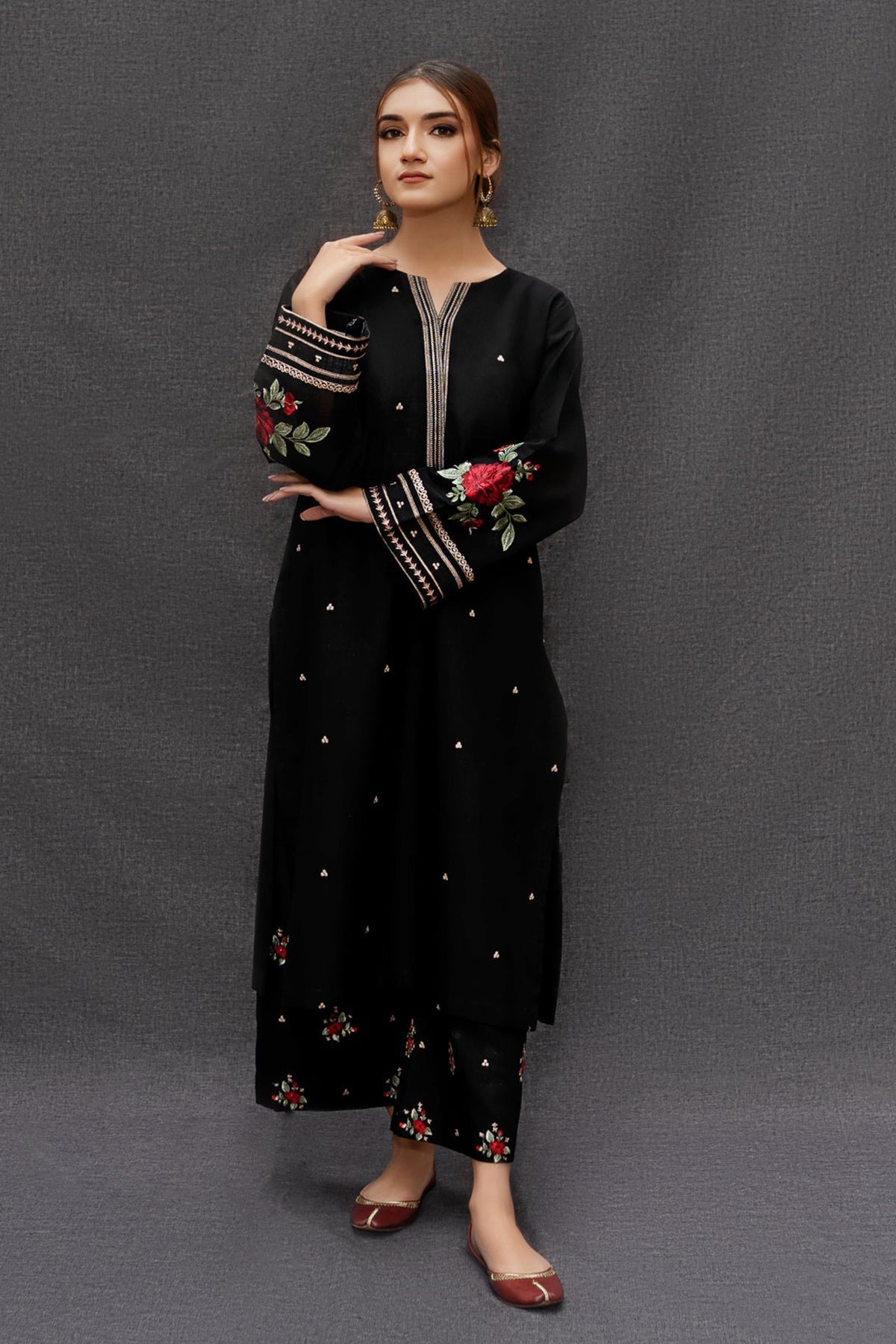 URGE - 3PC DHANAK EMBROIDERED SHIRT WITH PASHMINA WOOL PRINTED SHAWL AND TROUSER - HZG1461