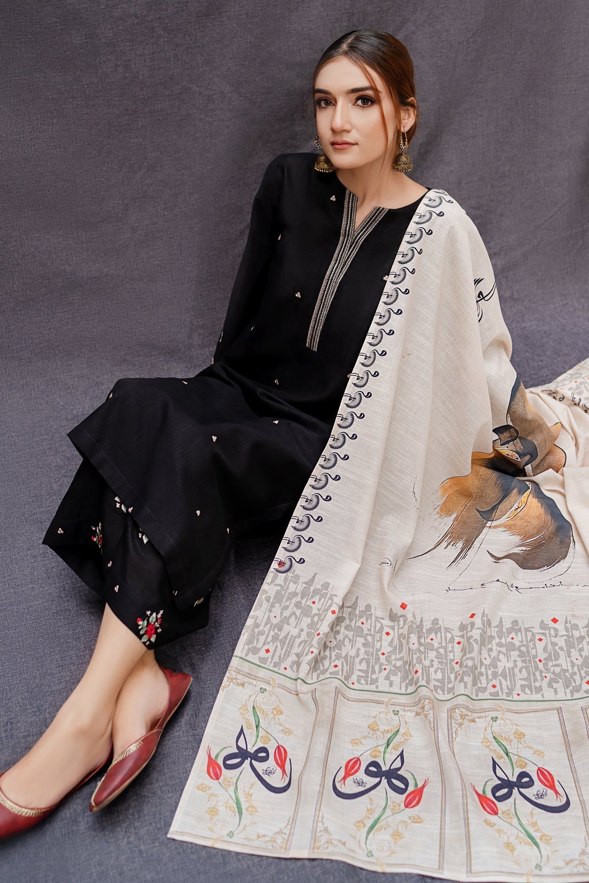 URGE - 3PC DHANAK EMBROIDERED SHIRT WITH PASHMINA WOOL PRINTED SHAWL AND TROUSER - HZG1461