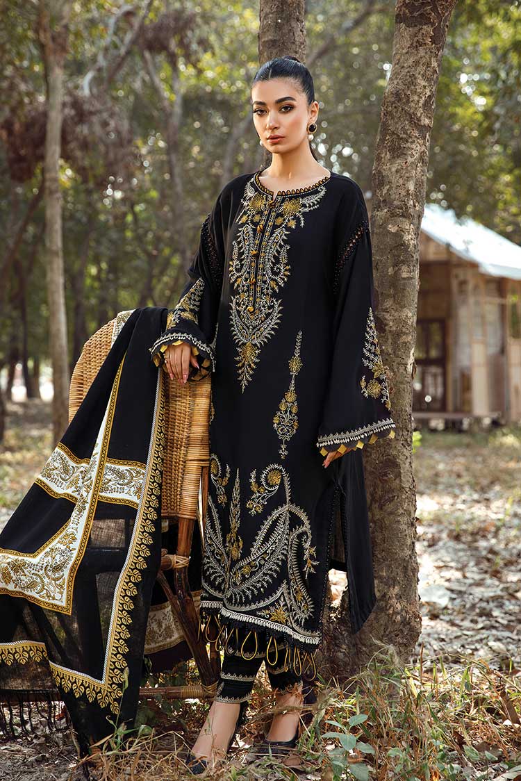 MARIA B - 3PC KHADDAR EMBROIDERED SHIRT WITH PASHMINA WOOL PRINTED SHAWL AND TROUSER - HZG1329