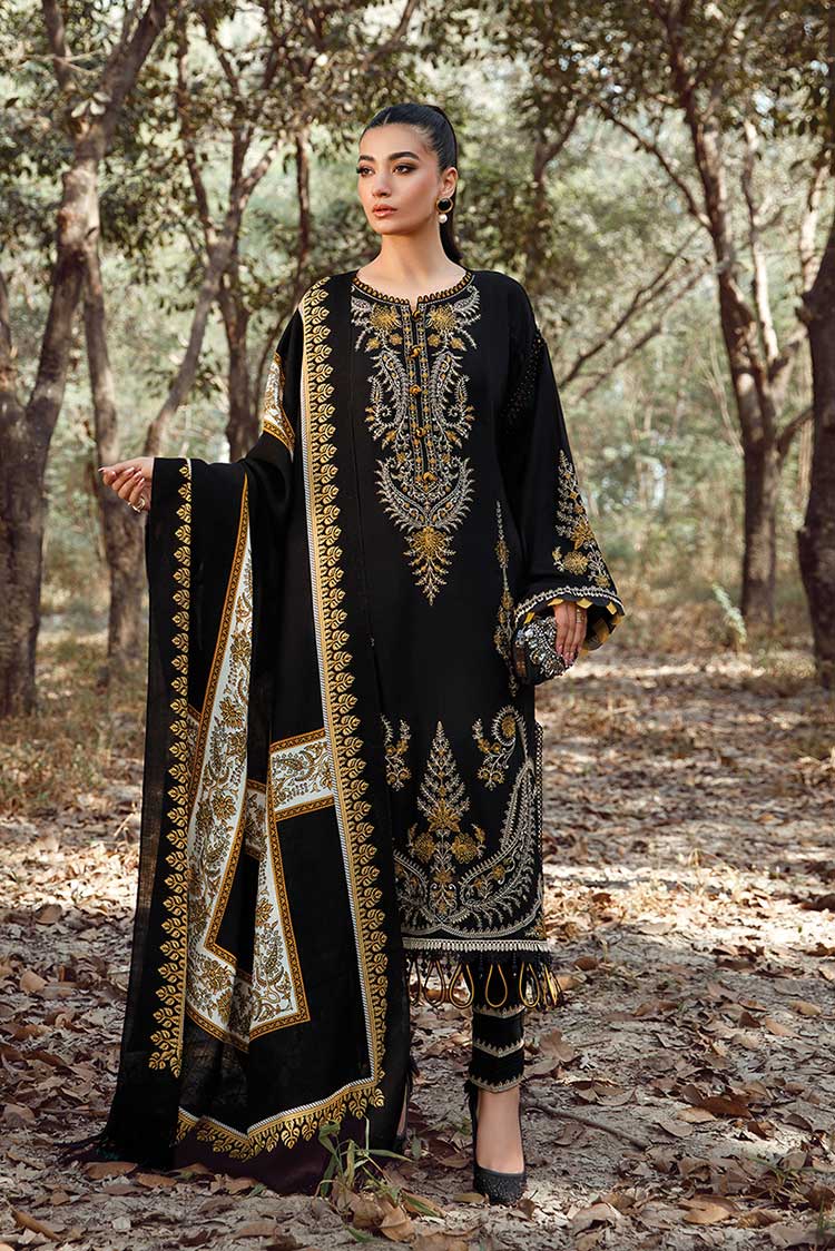 MARIA B - 3PC KHADDAR EMBROIDERED SHIRT WITH PASHMINA WOOL PRINTED SHAWL AND TROUSER - HZG1329