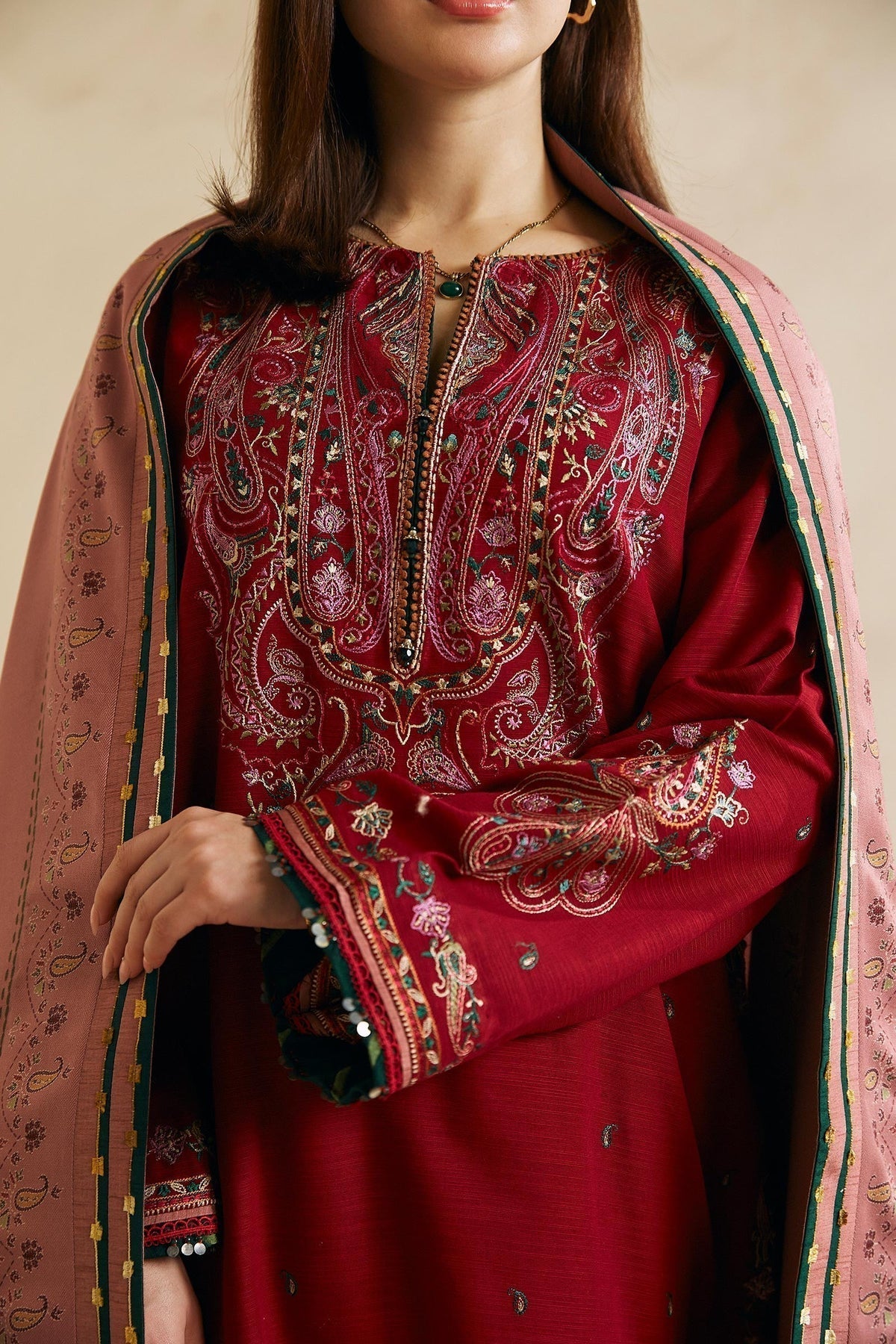 ZARA SHAH JAHAN - 3PC DHANAK EMBROIDERED SHIRT WITH TWILL PRINTED DUAPTTA AND TROUSER - HZG1503