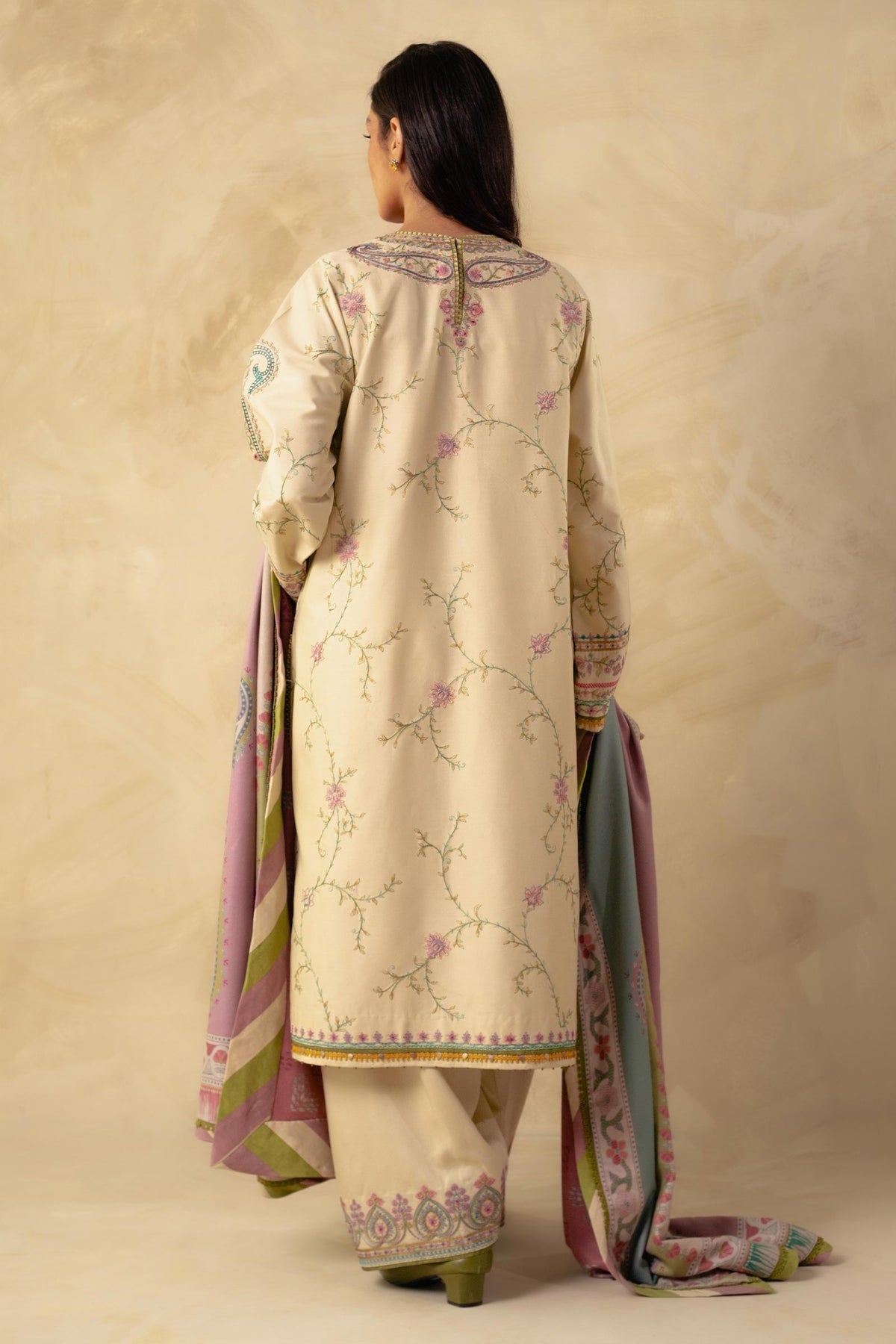 ZARA SHAH JAHAN - 3PC DHANAK EMBROIDERED SHIRT WITH DHANAK PRINTED SHAWL AND TROUSER - HZG1496