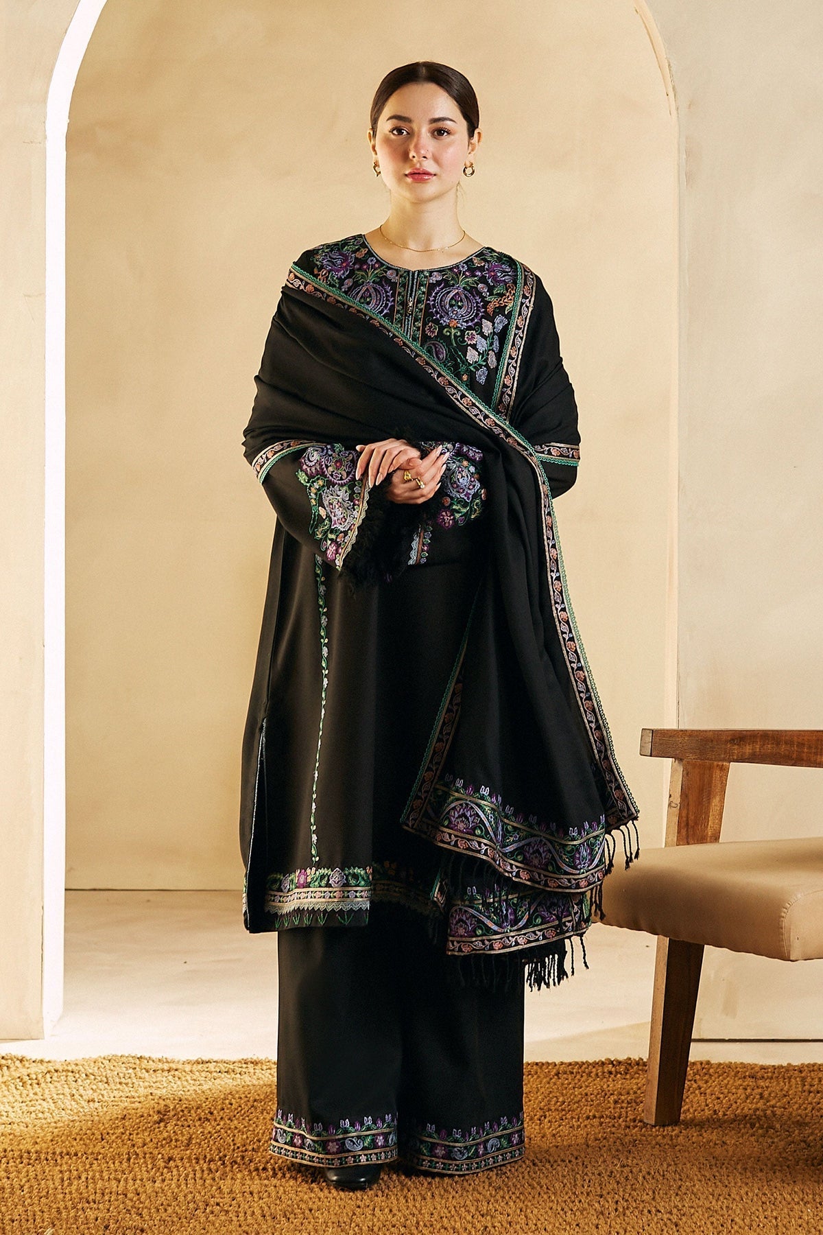 ZARA SHAHJAHAN - 3PC DHANAK EMBROIDERED SHIRT WITH DHANAK EMBROIDERED SHAWL AND TROUSER - HZG1381