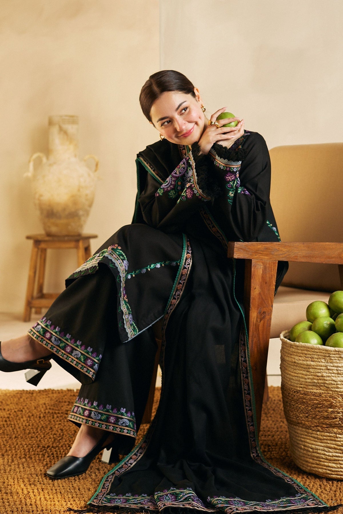 ZARA SHAHJAHAN - 3PC DHANAK EMBROIDERED SHIRT WITH DHANAK EMBROIDERED SHAWL AND TROUSER - HZG1381