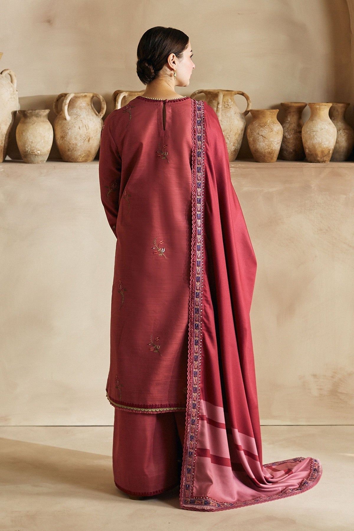 ZARA SHAH JAHAN - 3PC DHANAK EMBROIDERED SHIRT WITH TWILL PRINTED SHAWL AND TROUSER - HZG1394