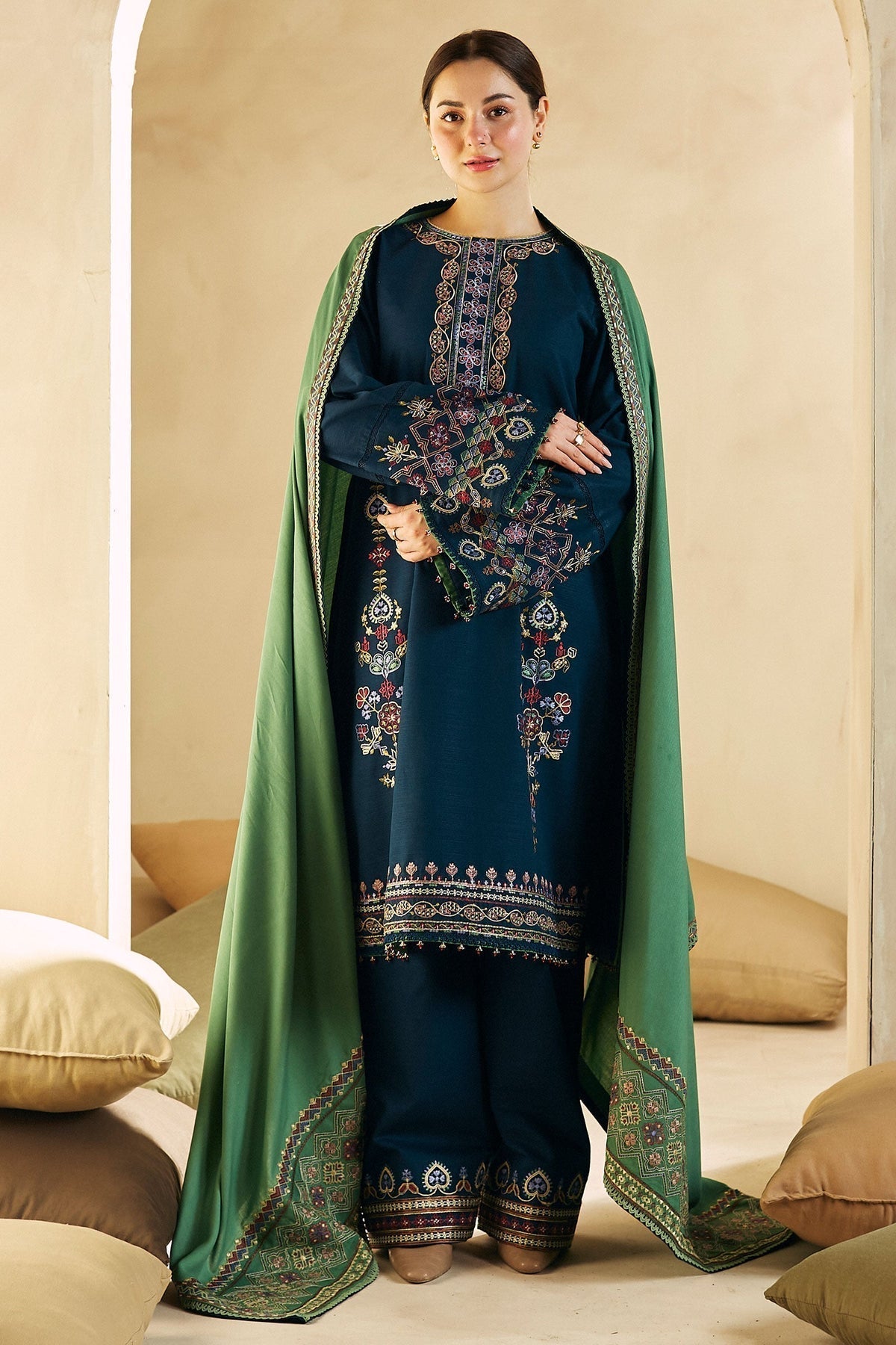 ZARA SHAHJAHAN - 3PC DHANAK EMBROIDERED SHIRT WITH DHANAK EMBROIDERED SHAWL AND TROUSER - HZG1370