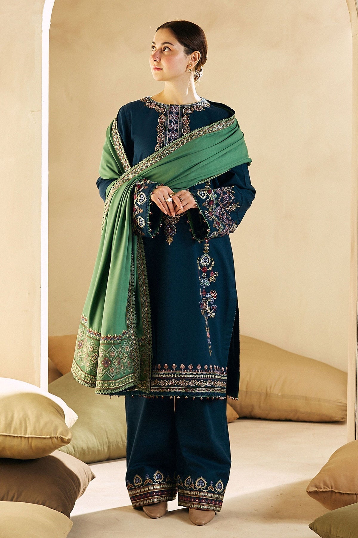 ZARA SHAHJAHAN - 3PC DHANAK EMBROIDERED SHIRT WITH DHANAK EMBROIDERED SHAWL AND TROUSER - HZG1370